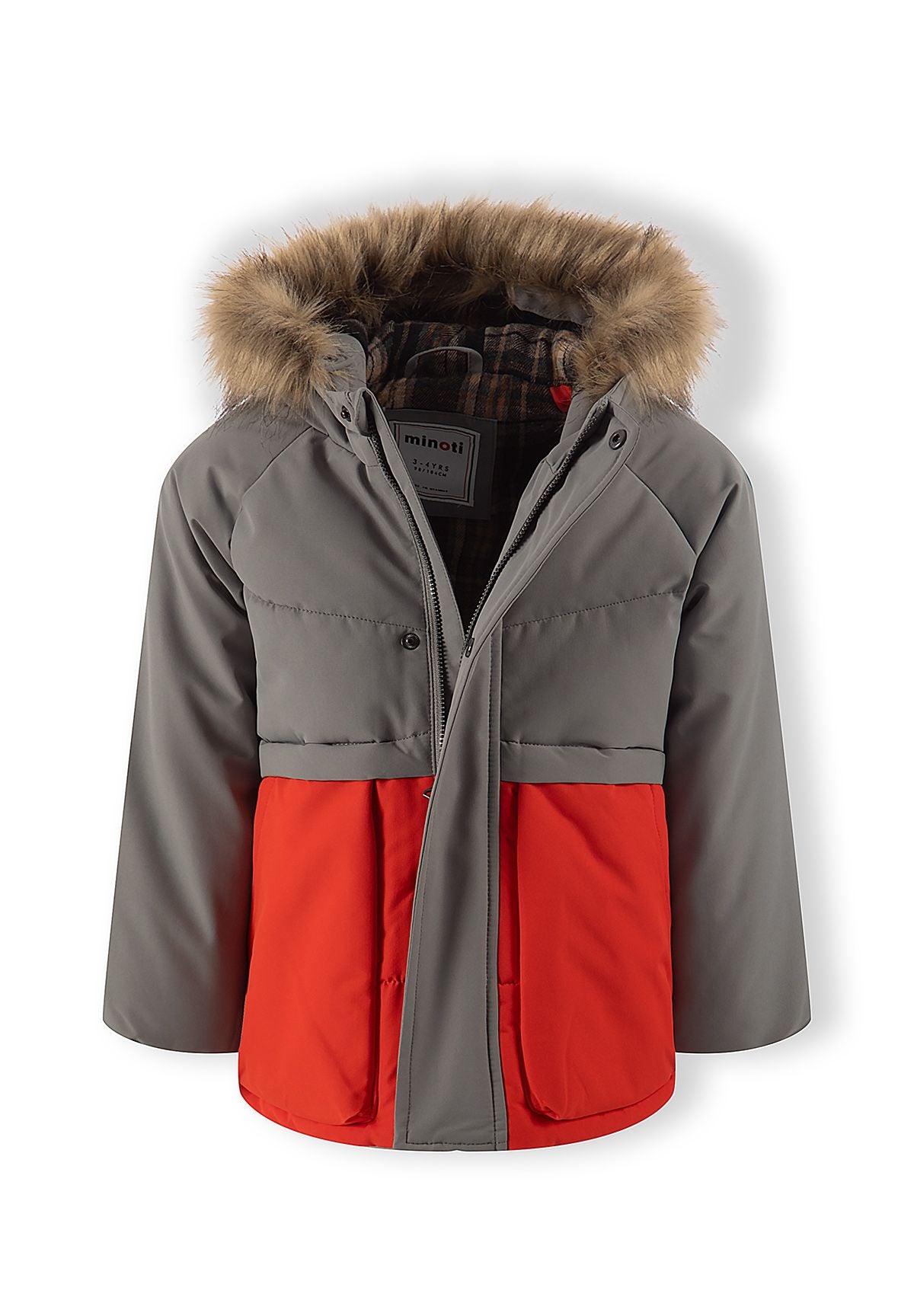 Quilted Parka, faux fur hood, grey and orange – Minoti 33COAT201, 7