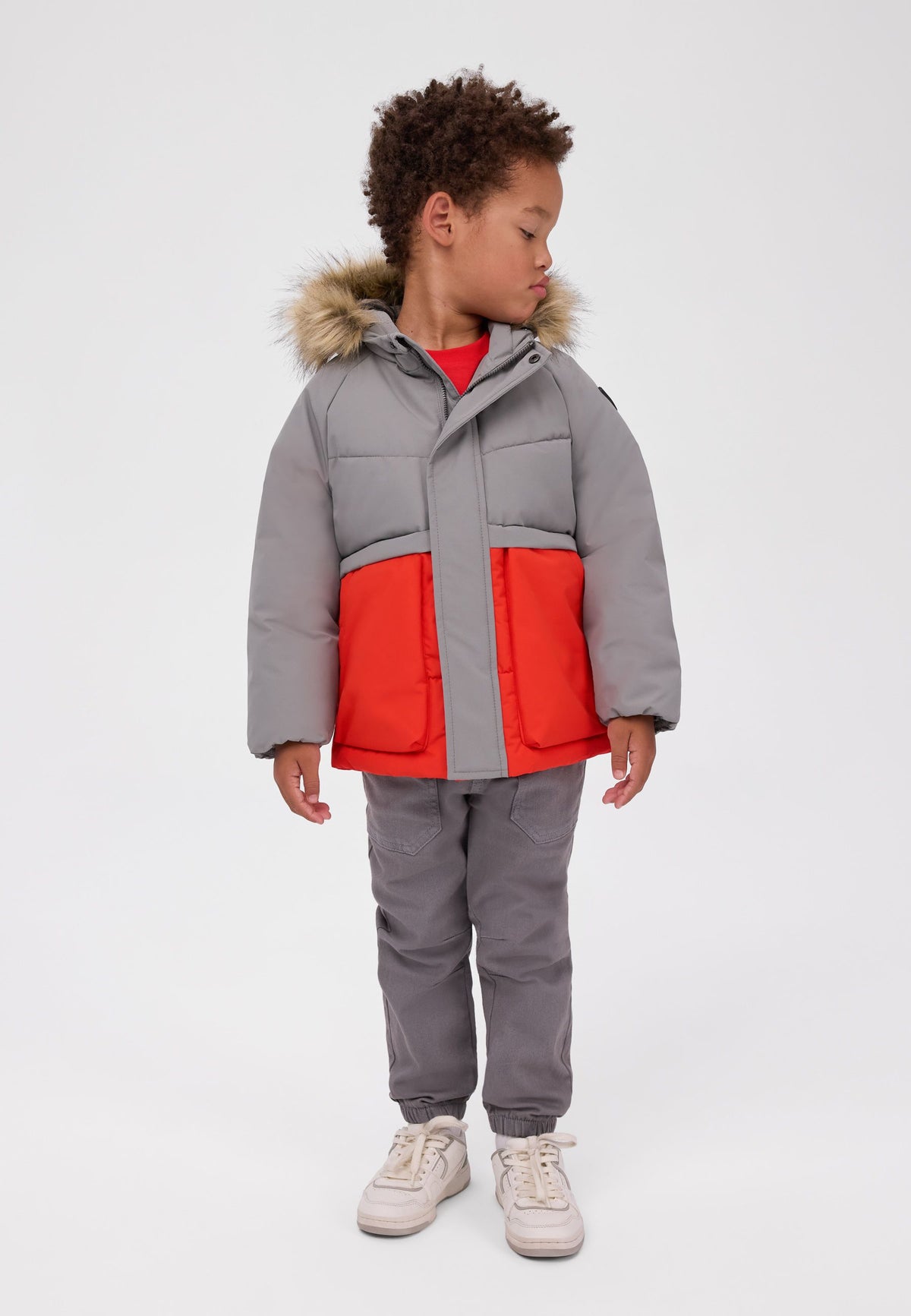 Quilted Parka, faux fur hood, grey and orange – Minoti 33COAT201, 2