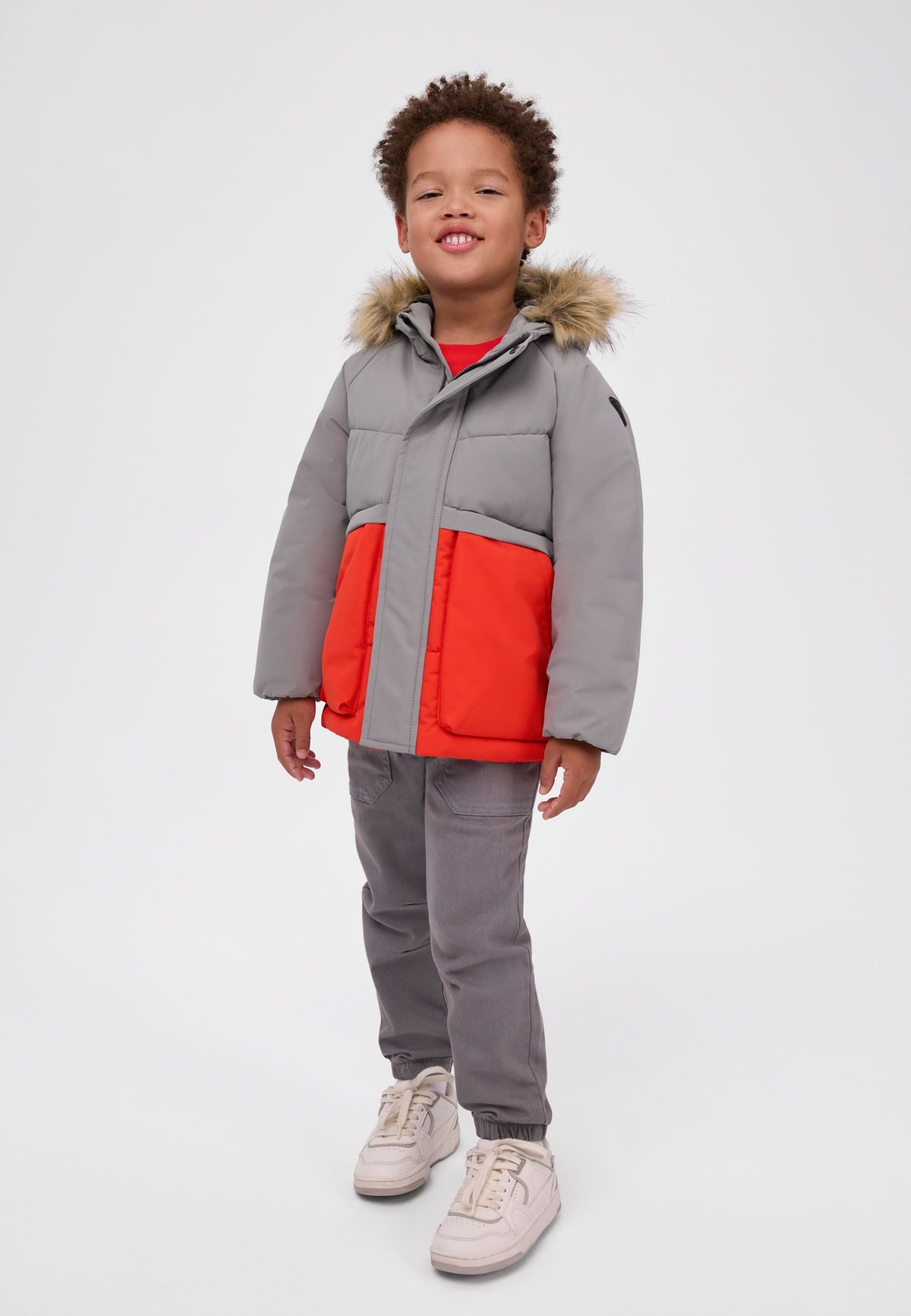 Quilted Parka, faux fur hood, grey and orange – Minoti 33COAT201, 3