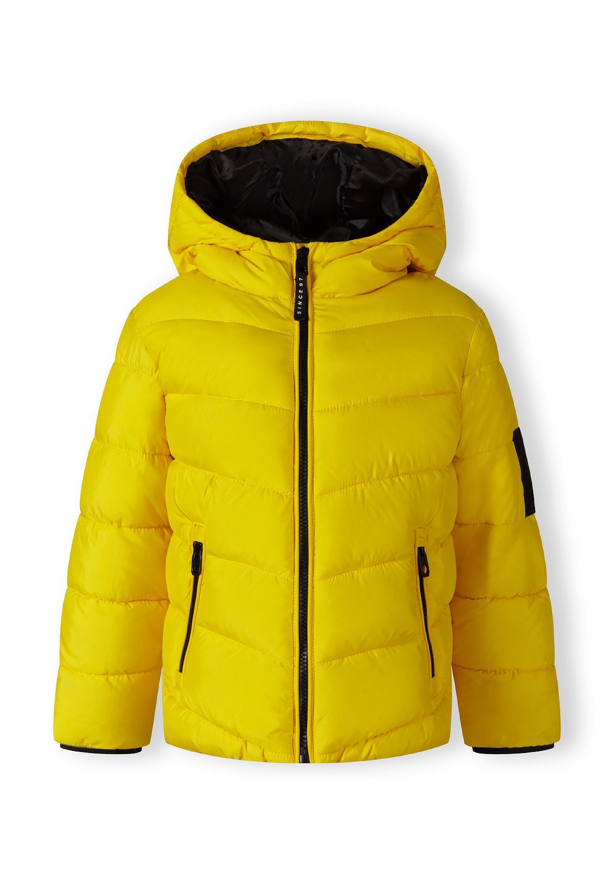 Front of a vivid yellow quilted jacket with black-lined hood and two slanted black zip pockets.