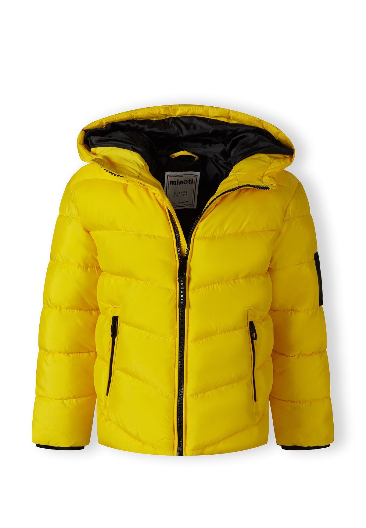 Yellow puffer jacket partly open to show black hood lining and matching black front and pocket zips.