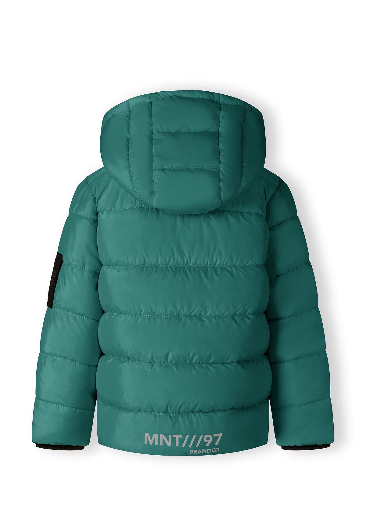 Back of the teal-green hooded puffer with broad quilting and pale MNT///97 lettering at the hem.
