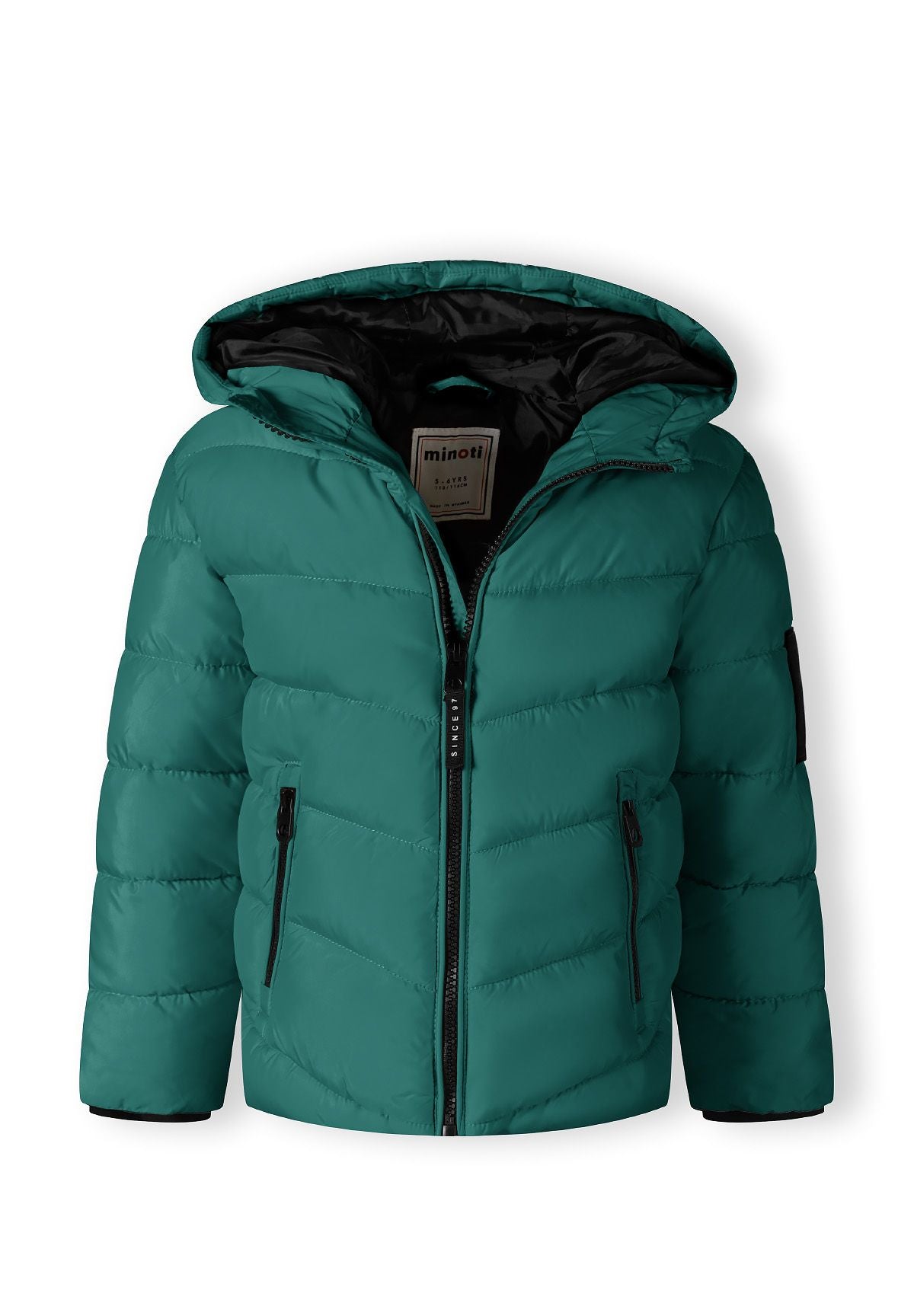 Teal-green puffer partly unzipped to show a black hood lining and diagonal front quilting.