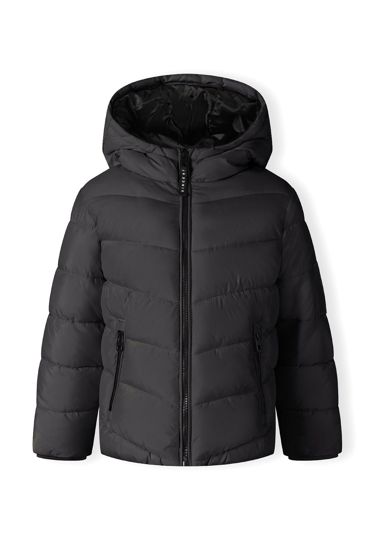 Front of a black hooded puffer with diagonal quilted panels, central zip and two zipped side pockets.