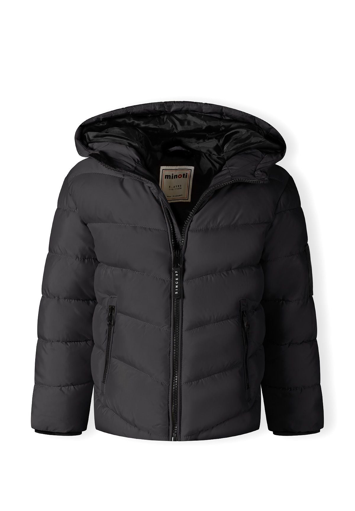 Black puffer partly unzipped to reveal dark satin-like hood lining above diagonal front quilting.