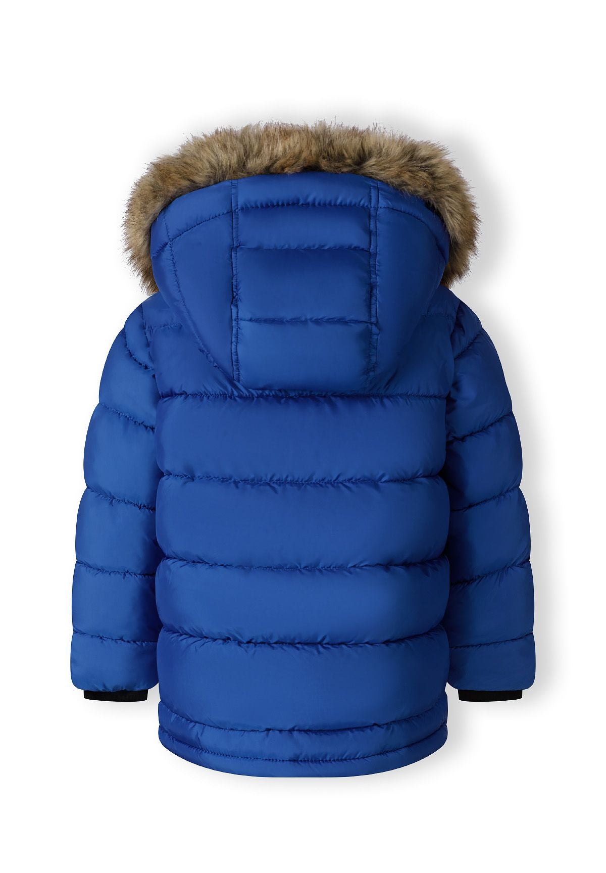 Back of the royal blue padded parka with broad quilted sections and grey-brown fur-look hood trim.