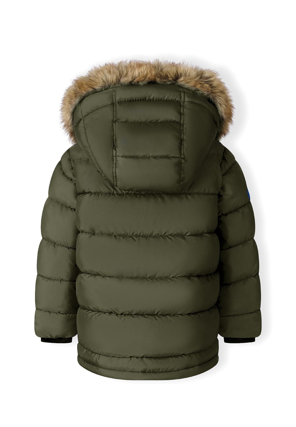 Back of the olive khaki padded parka with wide quilted sections and a brown fur-look hood edge.