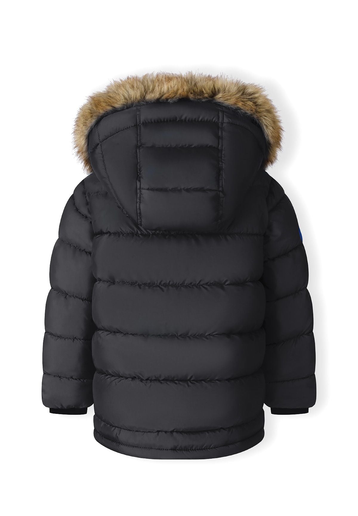 Back of the black horizontally quilted parka with a brown fur-look hood edge.