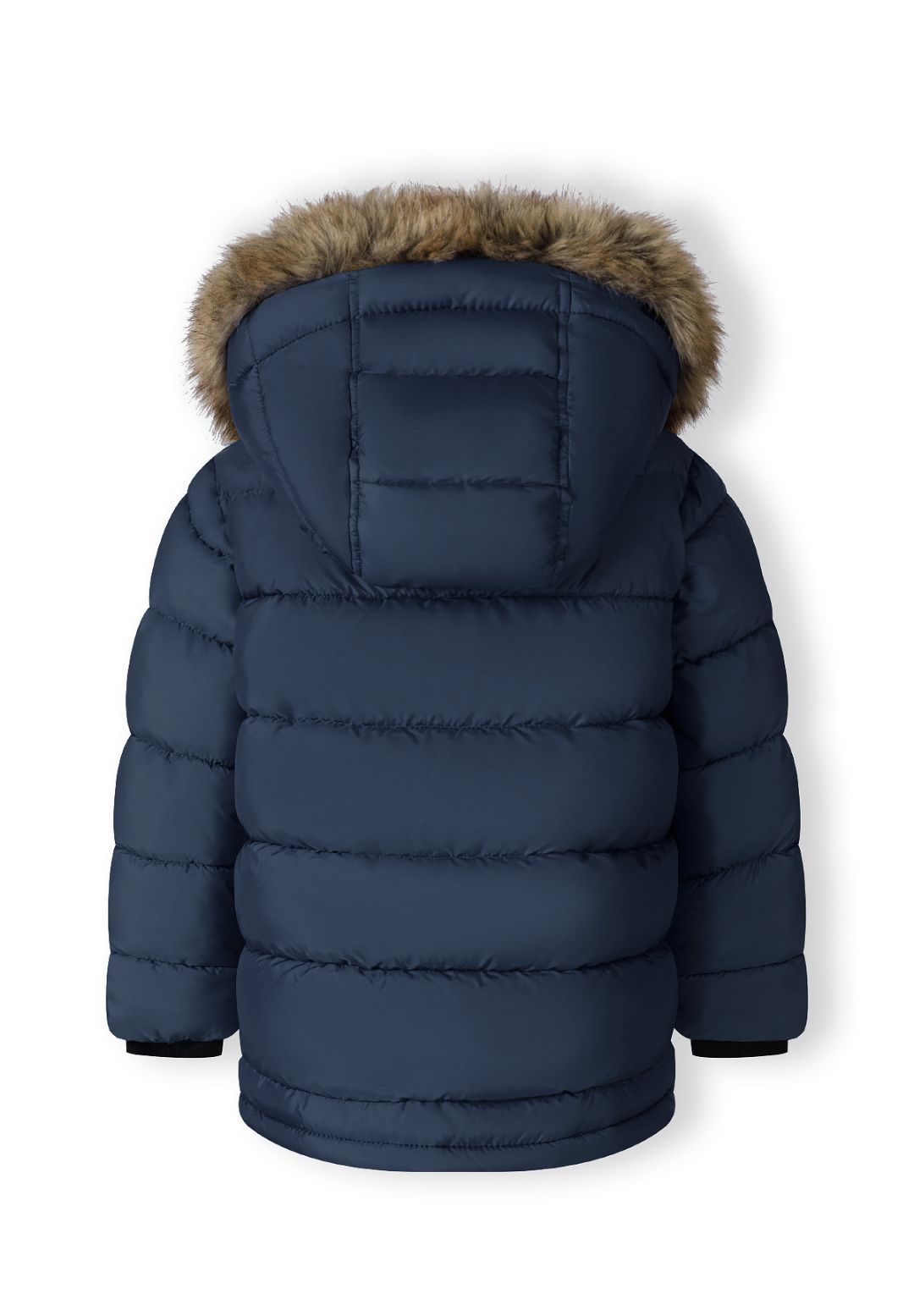 Back of the navy padded parka with wide quilted bands and a brown fur-look hood edge.