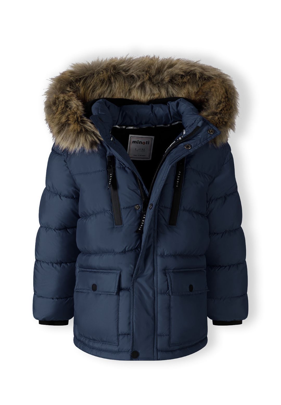 Navy parka partly open to show its dark hood lining, chest zip pockets and covered front fastening.