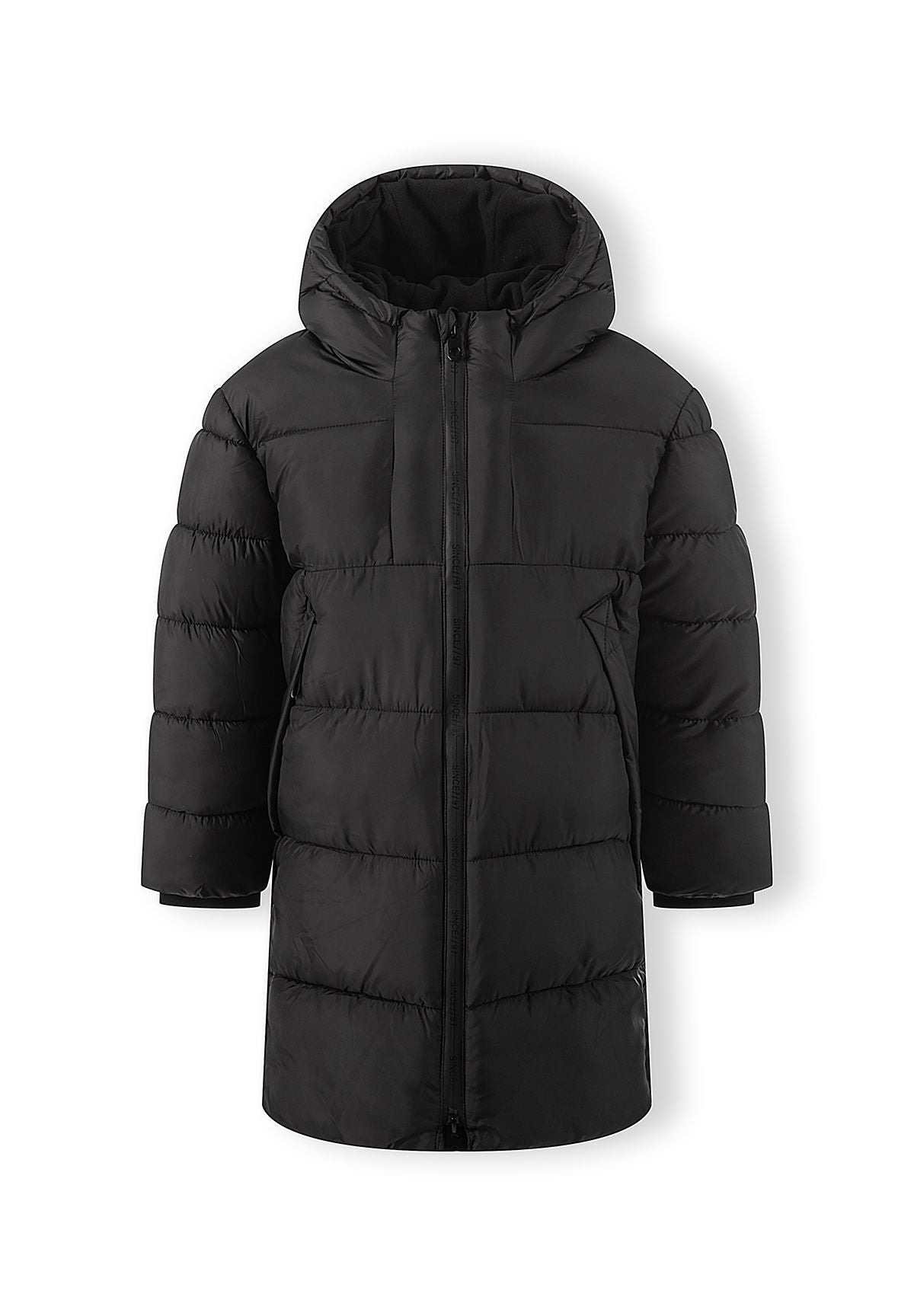 Front view of black longline hooded puffer coat with central zip and two angled pockets.