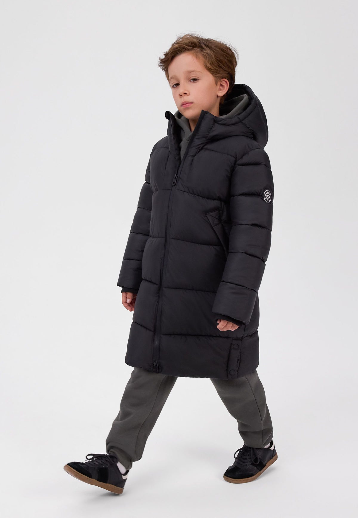 Boys' black padded coat, knee length with a fleece-lined hood – Minoti 33COAT510, 3
