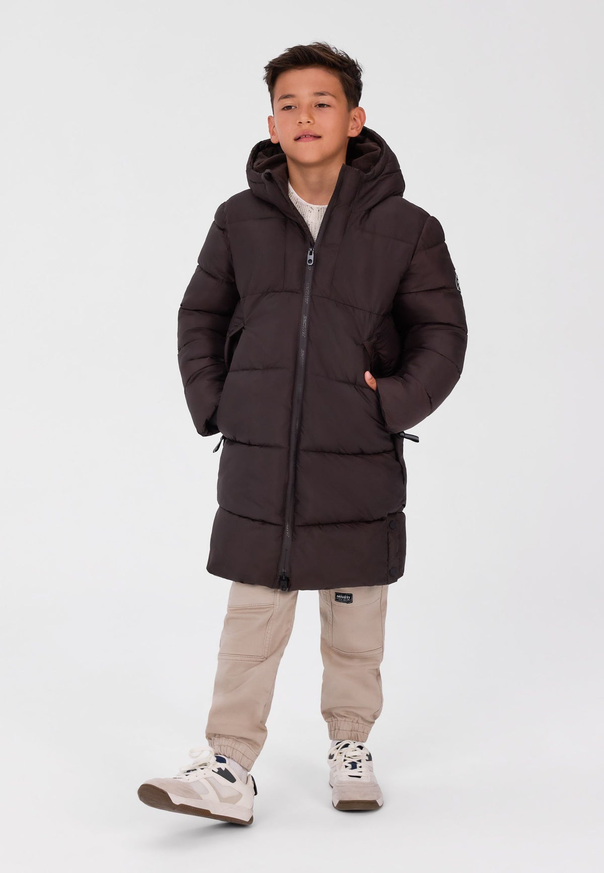 Boys' brown padded coat, knee length with a fleece-lined hood – Minoti 33COAT510B