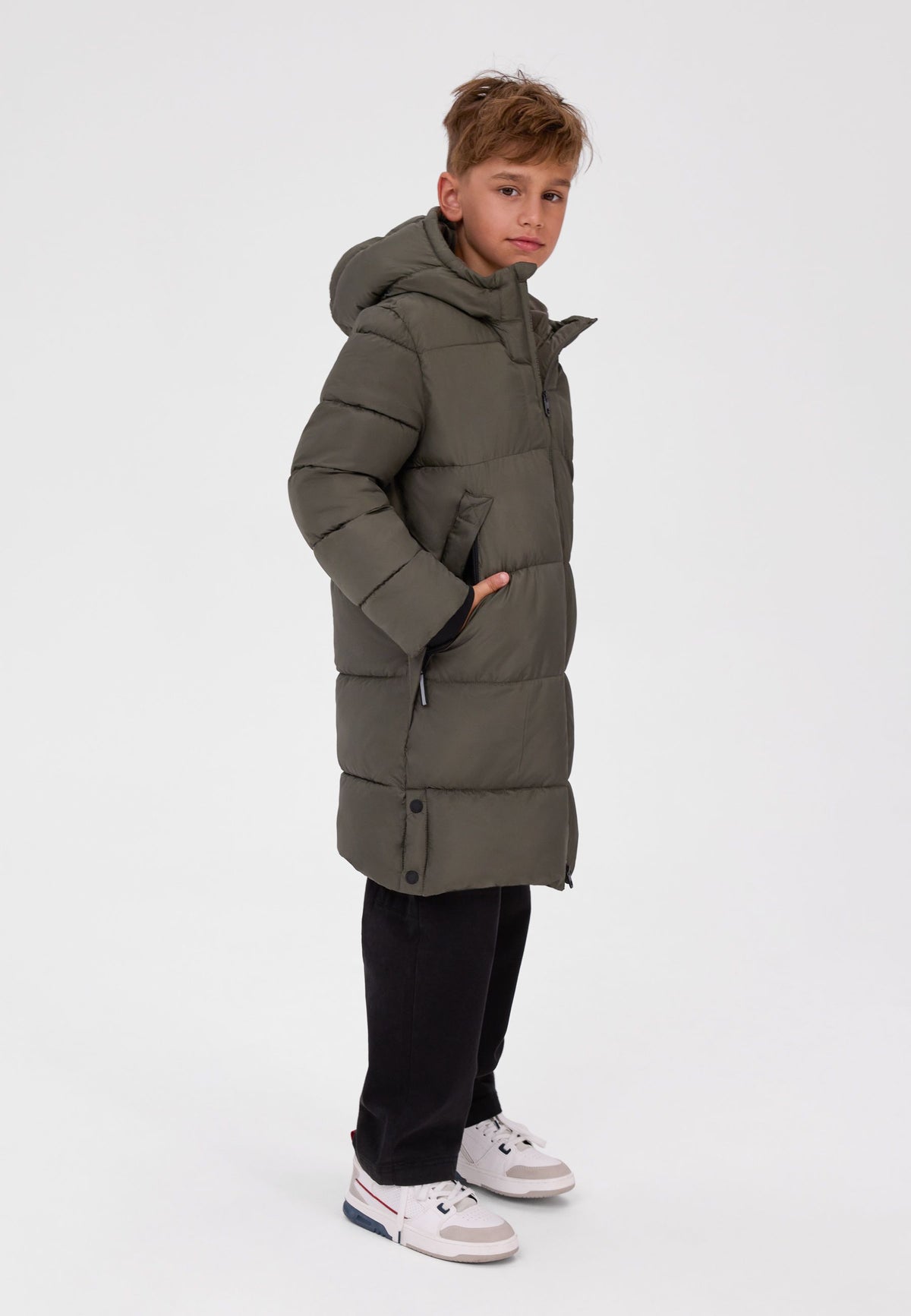 Boys' khaki padded coat, knee length with a fleece-lined hood – Minoti 33COAT510D