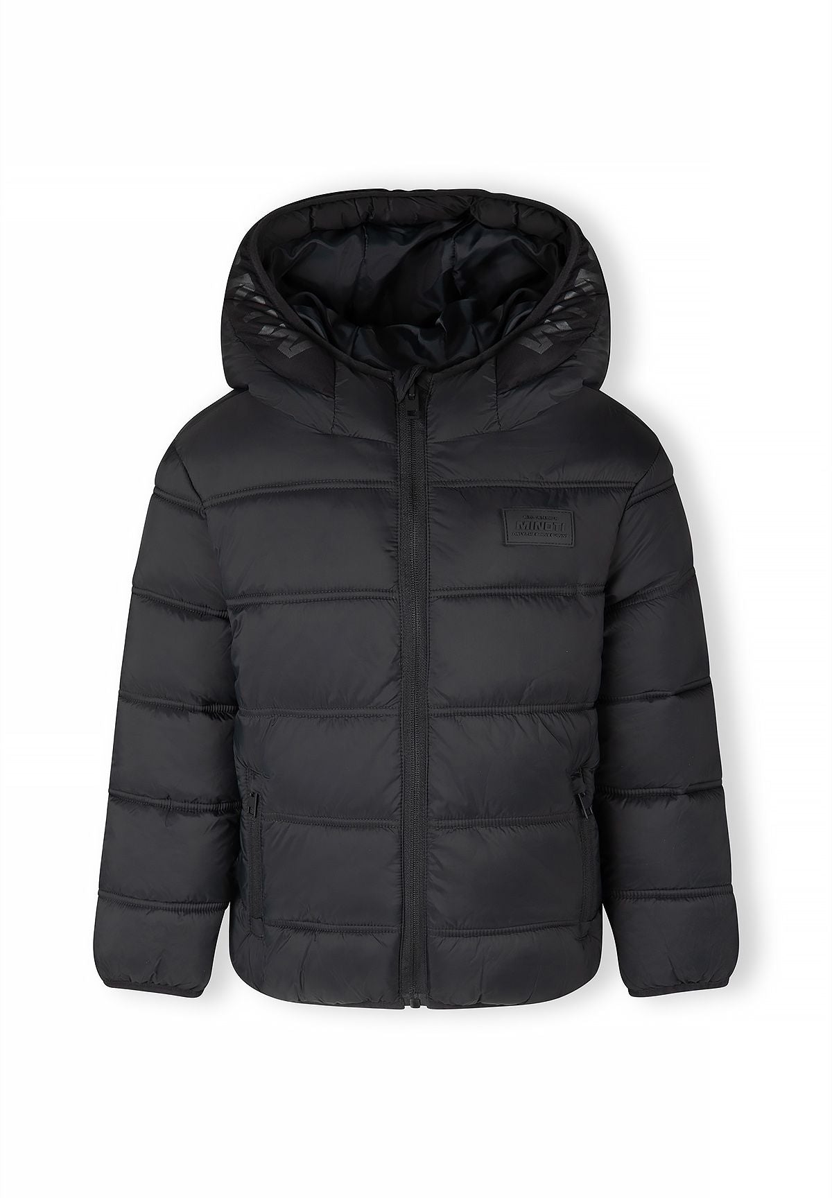 Front of the black hooded puffer jacket with horizontal quilting, black zip and tonal chest badge.