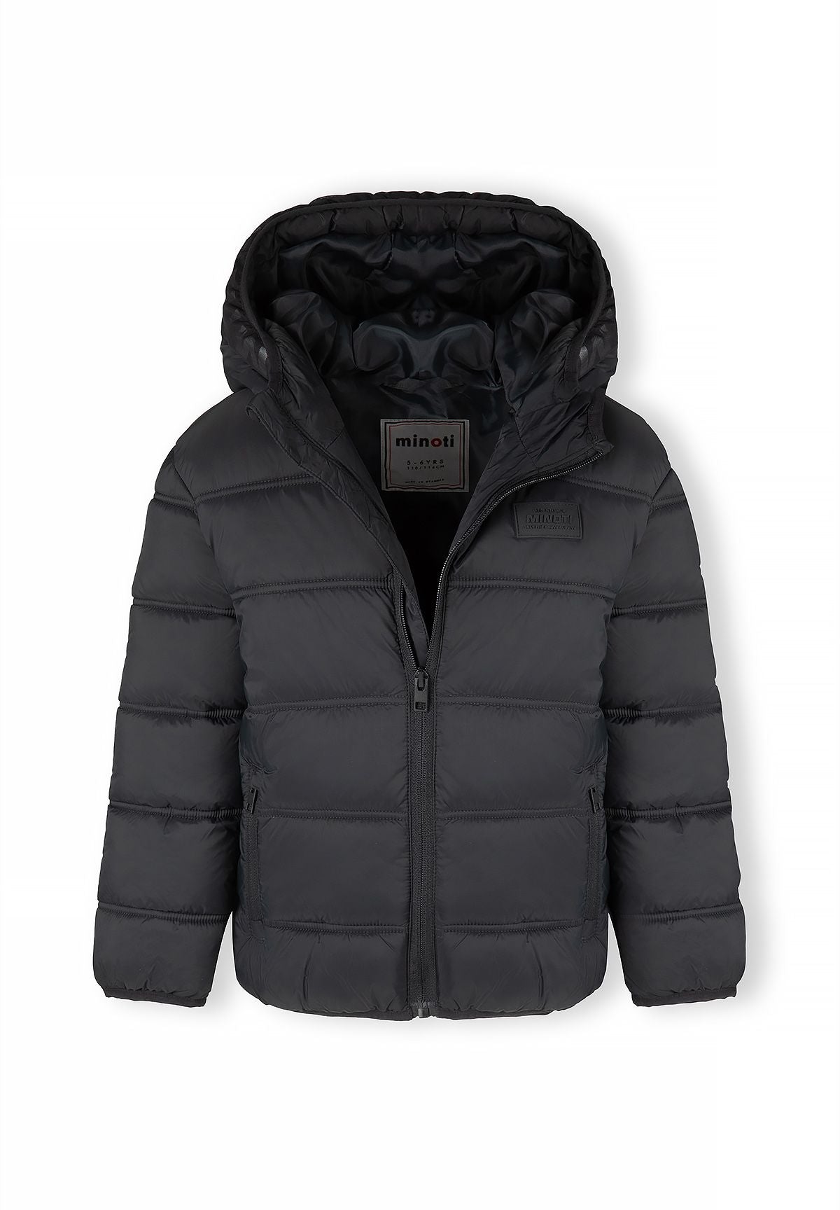 Black quilted puffer jacket partly unzipped to show its smooth black hood lining and Minoti neck label.