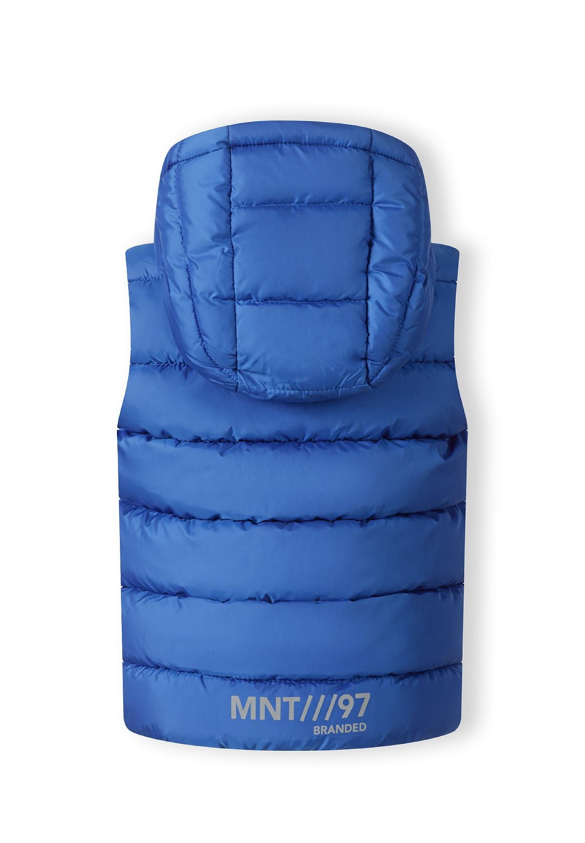 Blauw gewatteerd vest met capuchon voor jongens, achterkant.