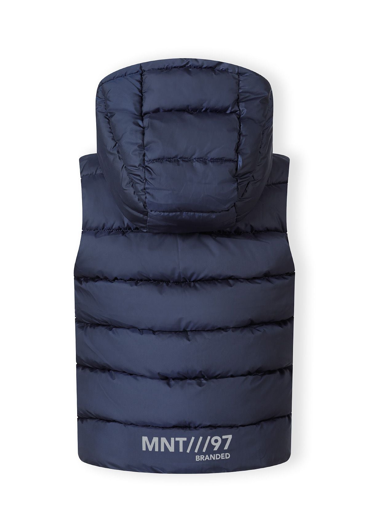 Gesteppte Weste mit Kapuze für Jungen in Marineblau, Rückansicht.