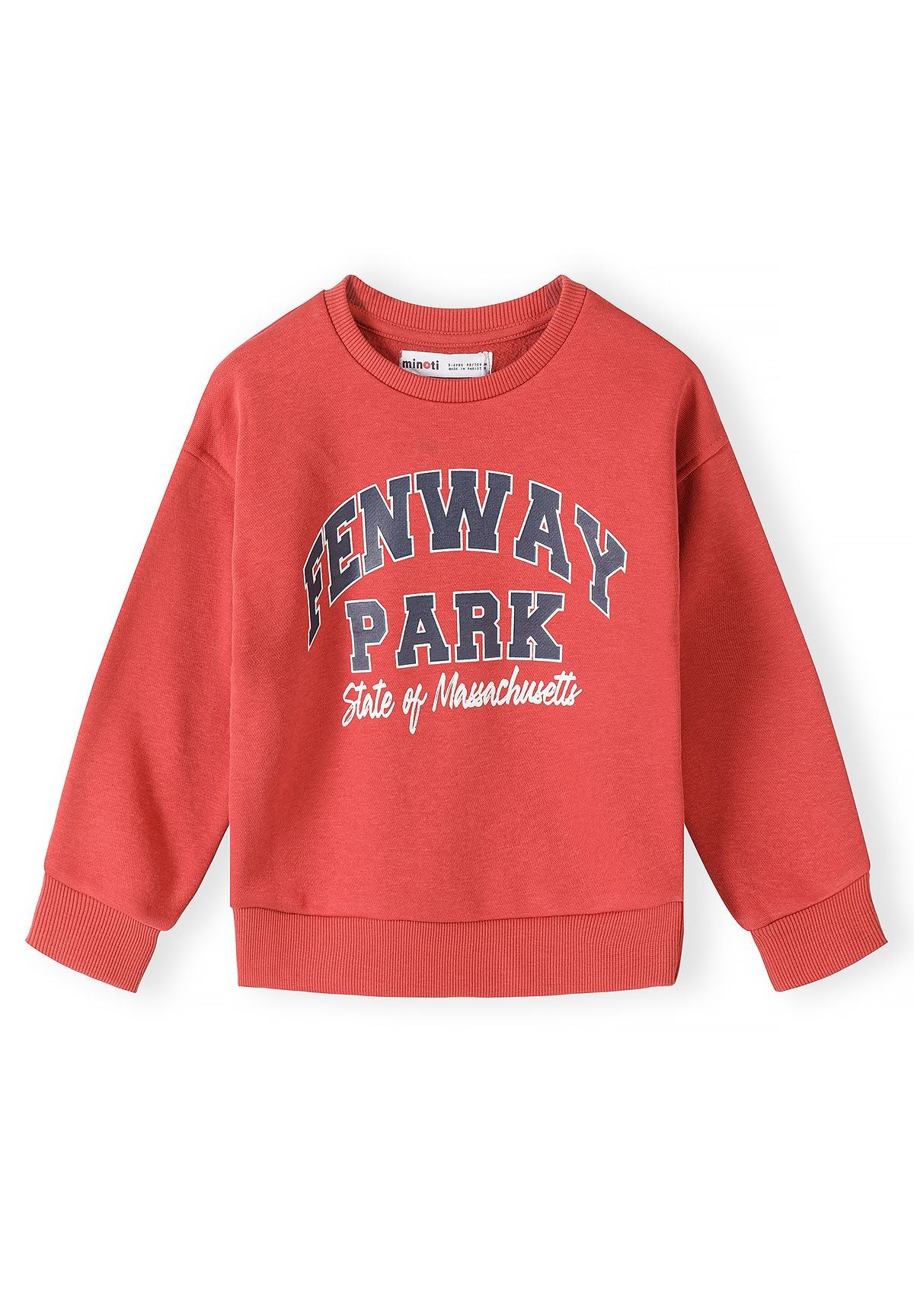 Red sweatshirt with large Fenway Park lettering and State of Massachusetts script.