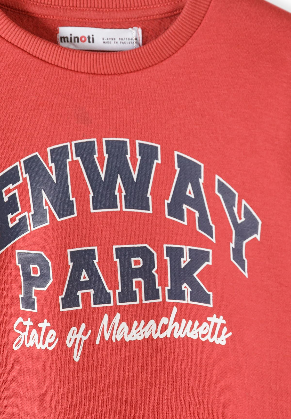 Red sweatshirt print close-up showing Fenway Park and State of Massachusetts text.