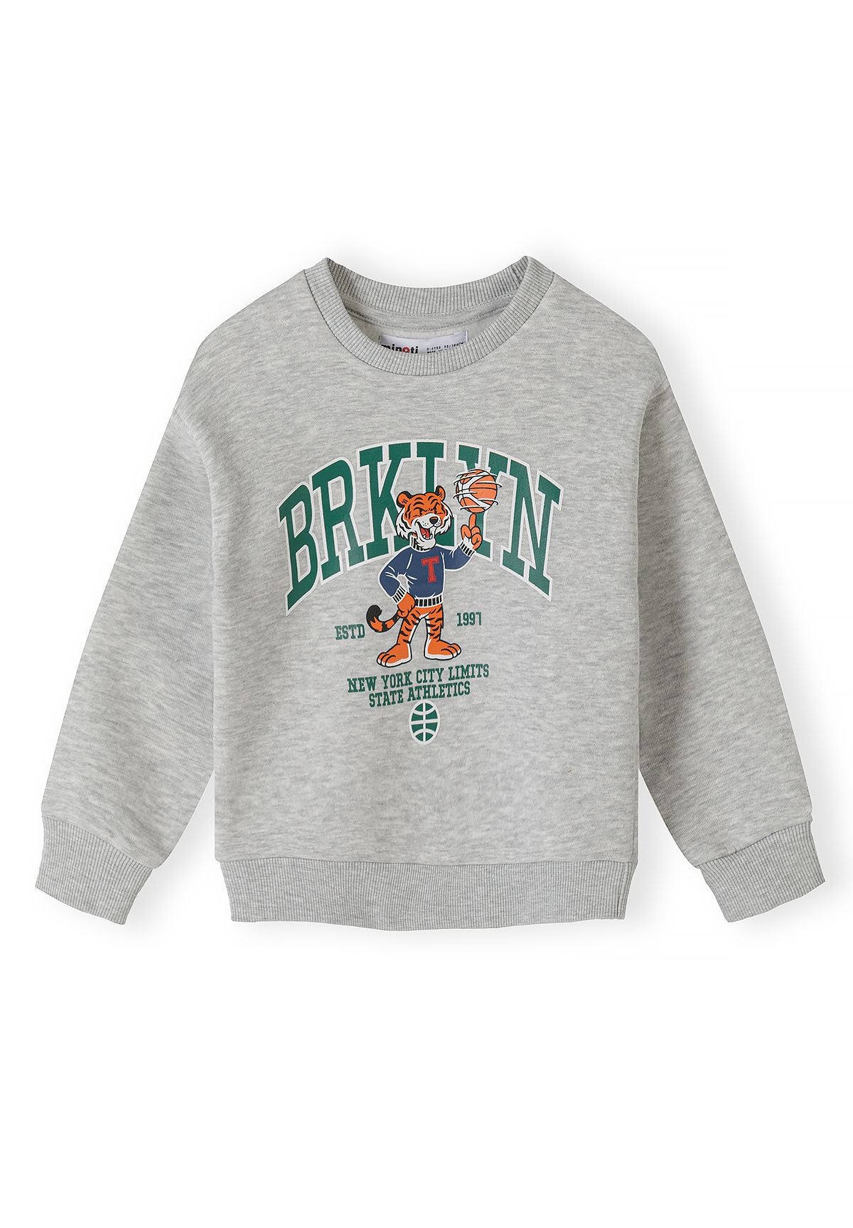 Light grey marl sweatshirt with green Brooklyn letters and basketball tiger graphic.
