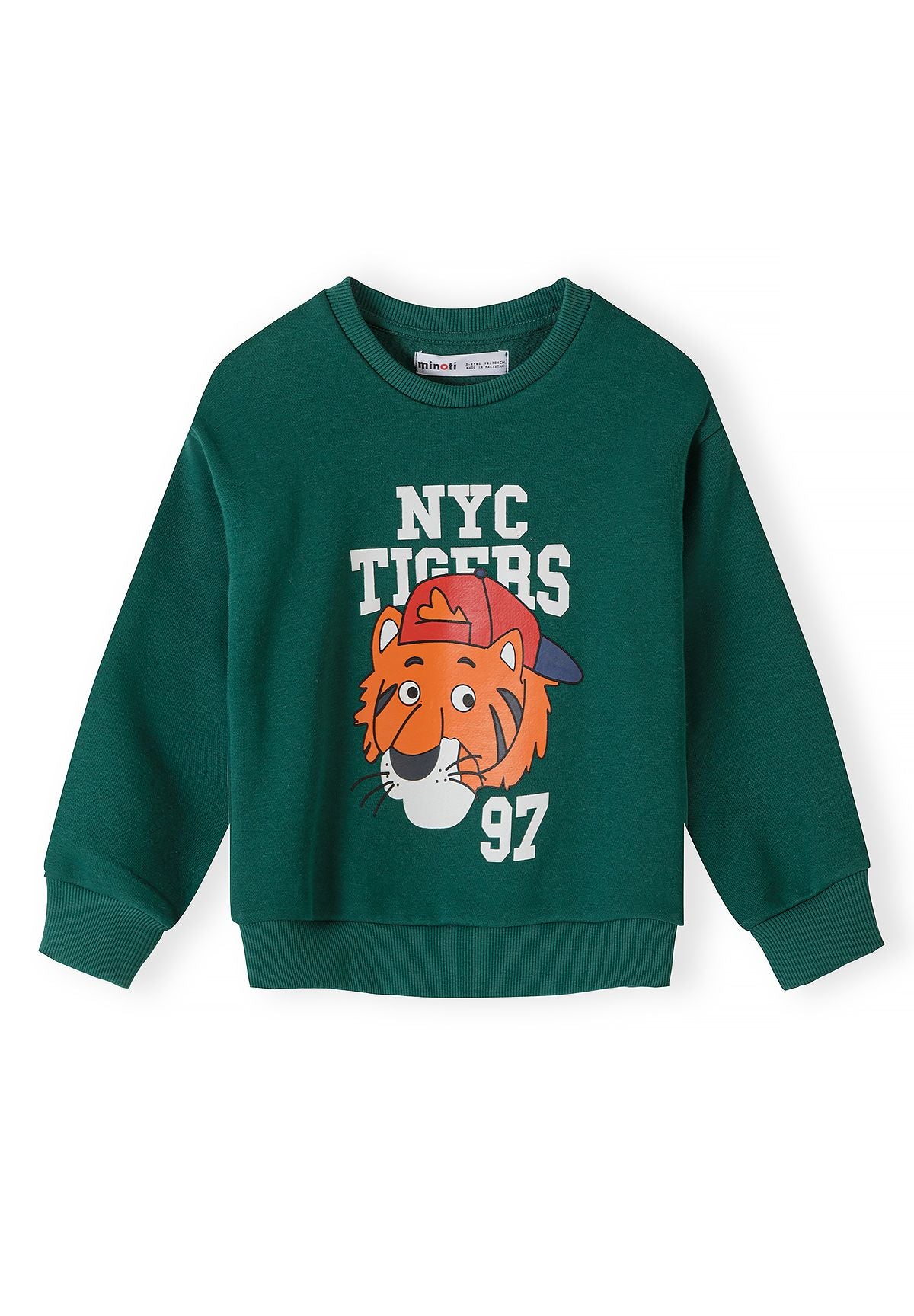 Dark green sweatshirt with NYC Tigers 97 lettering and orange tiger-head print.