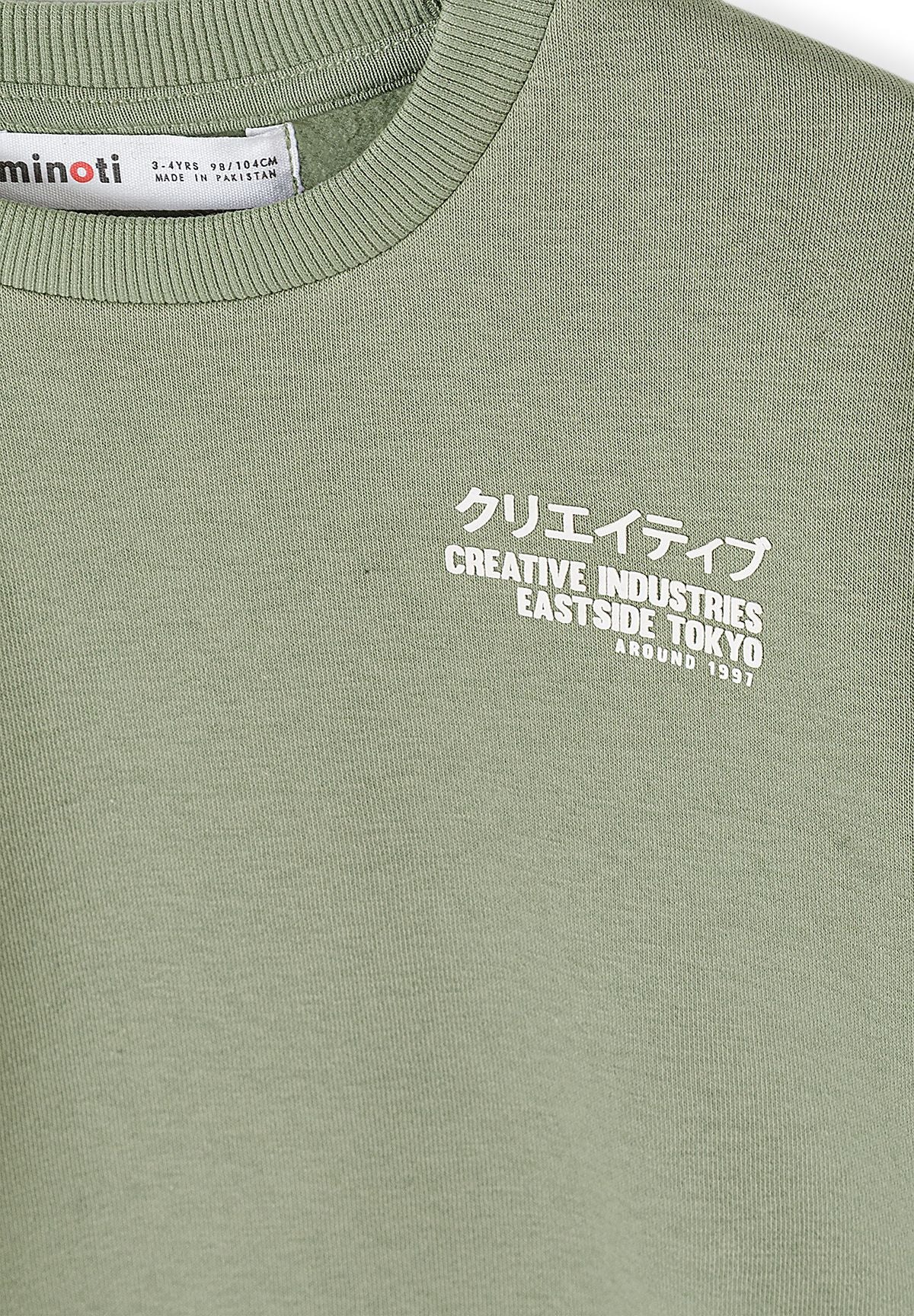 Survêtement pour garçon composé d'un sweat-shirt vert sauge et d'un pantalon de jogging cargo noir, gros plan sur l'imprimé au niveau de la poitrine.