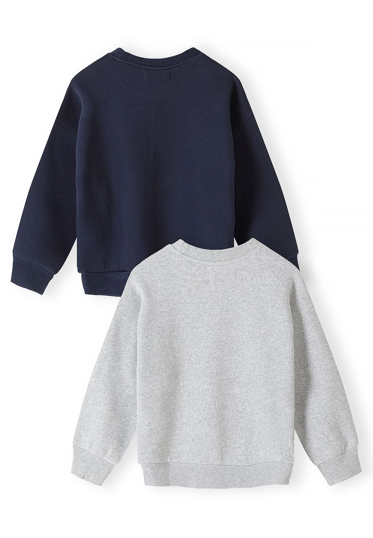 Kindersweatshirts met print in marineblauw en grijs gemêleerd (set van 2), beide sweatshirts, achterkant.