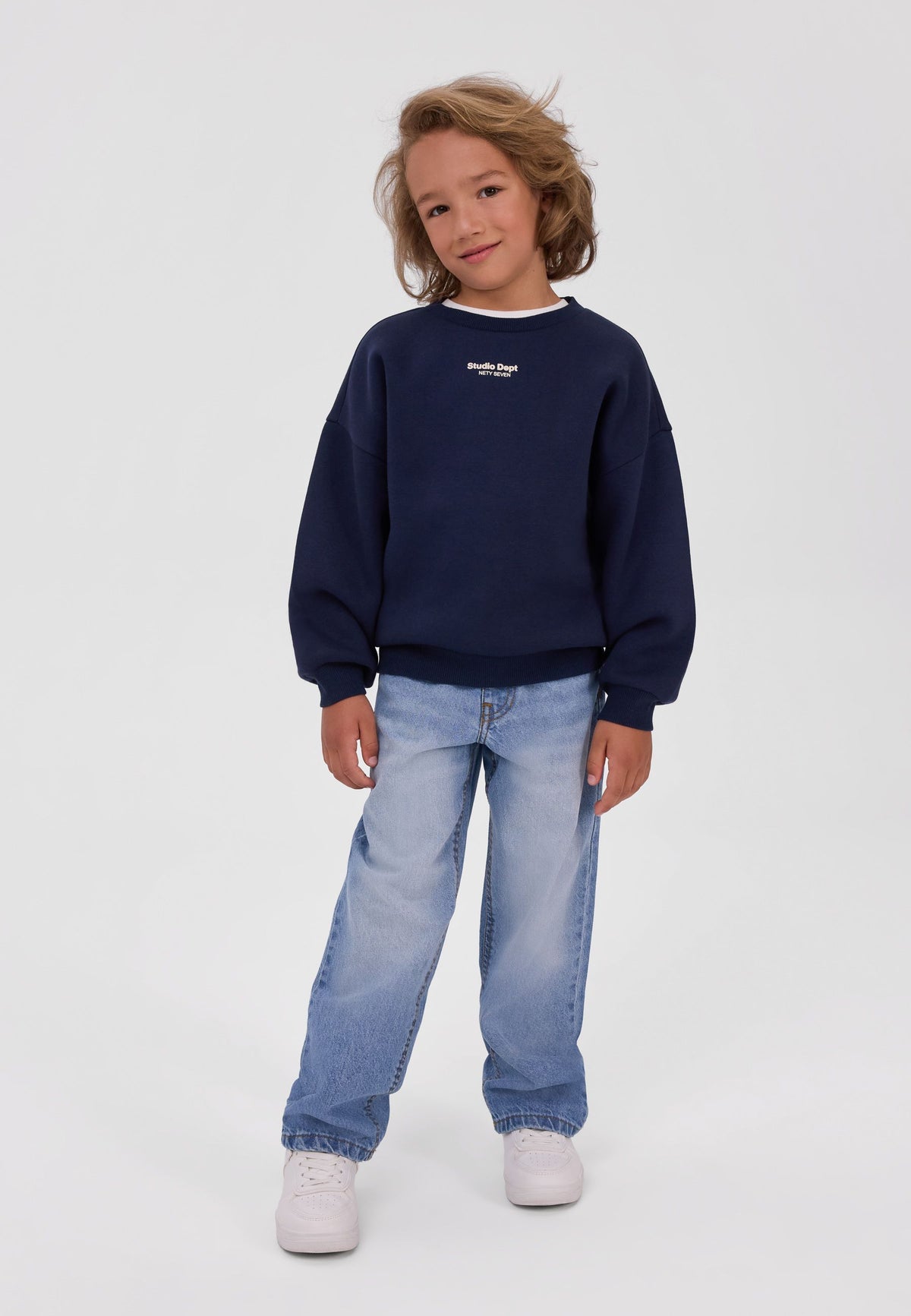 Kindersweatshirts met print in marineblauw en grijs gemêleerd (set van 2), voorkant.
