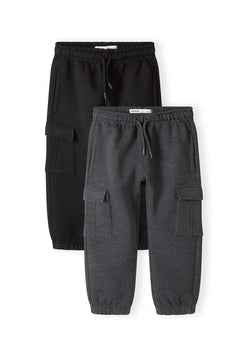 Front of black and charcoal cargo joggers with flap leg pockets, two-pack.