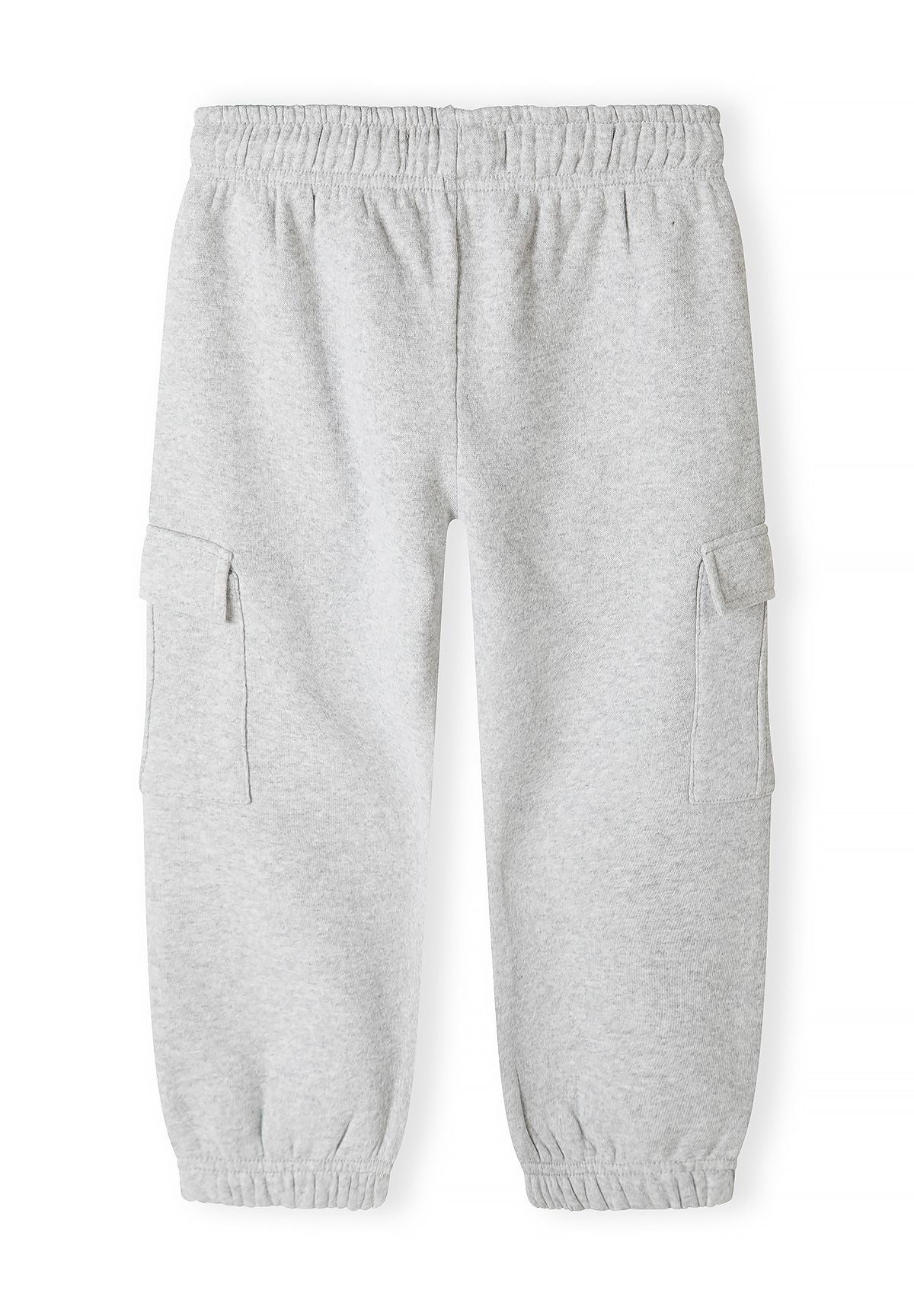 Back of light grey cargo joggers with side pocket flaps and gathered cuffs.