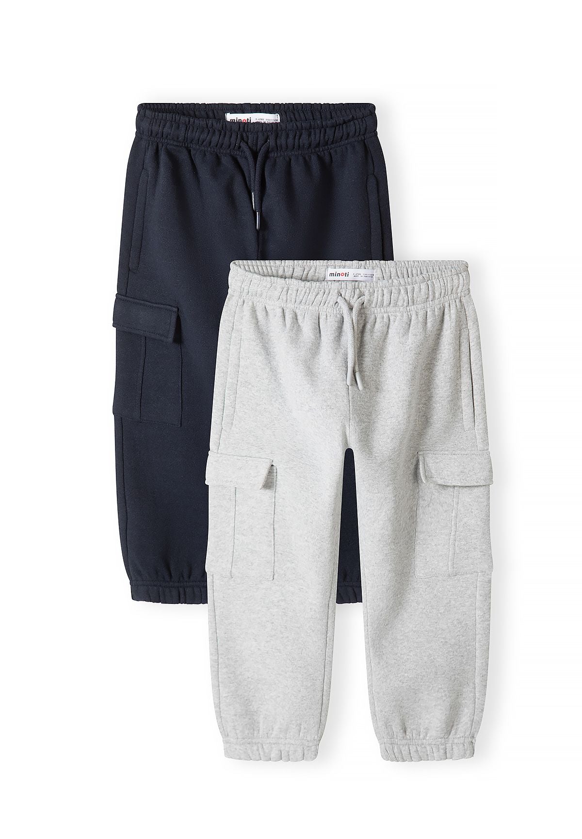 Front of navy and light grey cargo joggers with flap thigh pockets, two-pack.