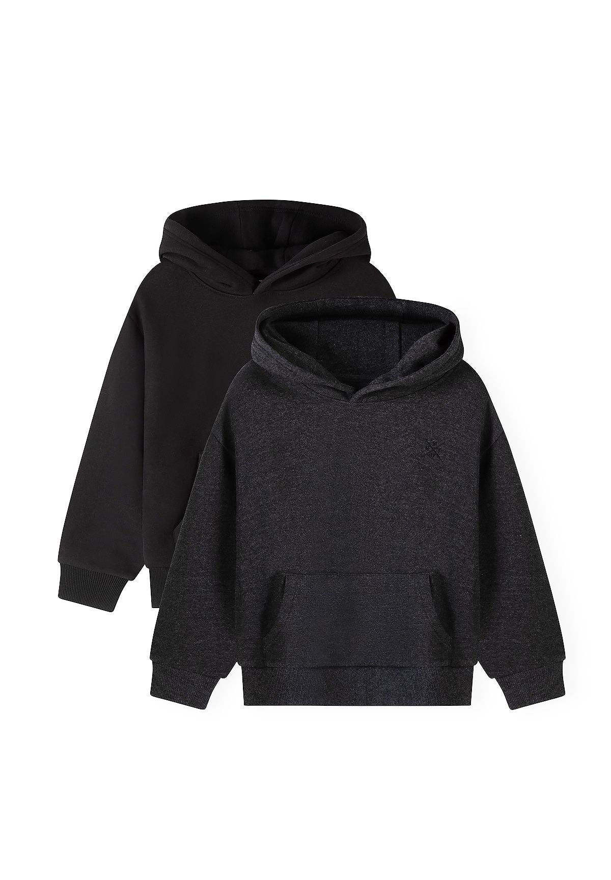 Zwarte en antracietkleurige hoodies met capuchon voor jongens (set van 2), beide hoodies, voorkant.