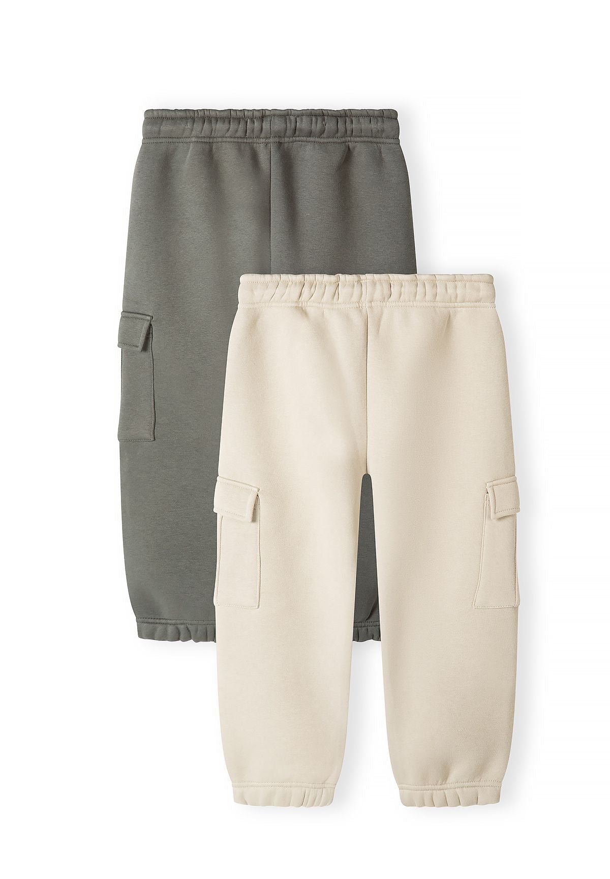 Pantaloni da jogging cargo da bambino color cachi e crema (confezione da 2), entrambi i pantaloni, vista posteriore.