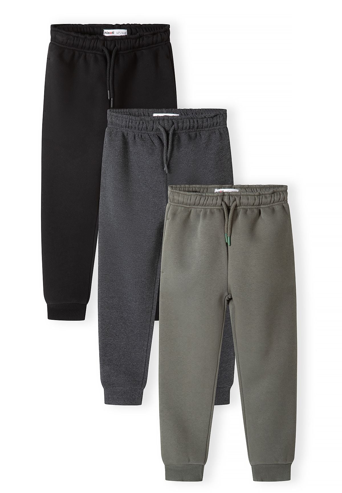 Pantaloni da jogging slim fit da ragazzo in nero, antracite e verde oliva (confezione da 3), tutti e tre i modelli, vista frontale.