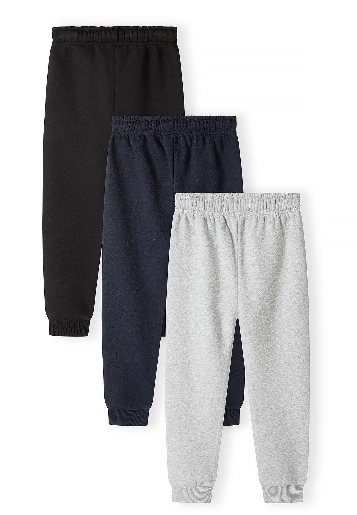 Pantaloni da jogging slim fit da bambino in nero, blu navy e grigio chiaro (confezione da 3), tutti e tre i pantaloni, vista posteriore.