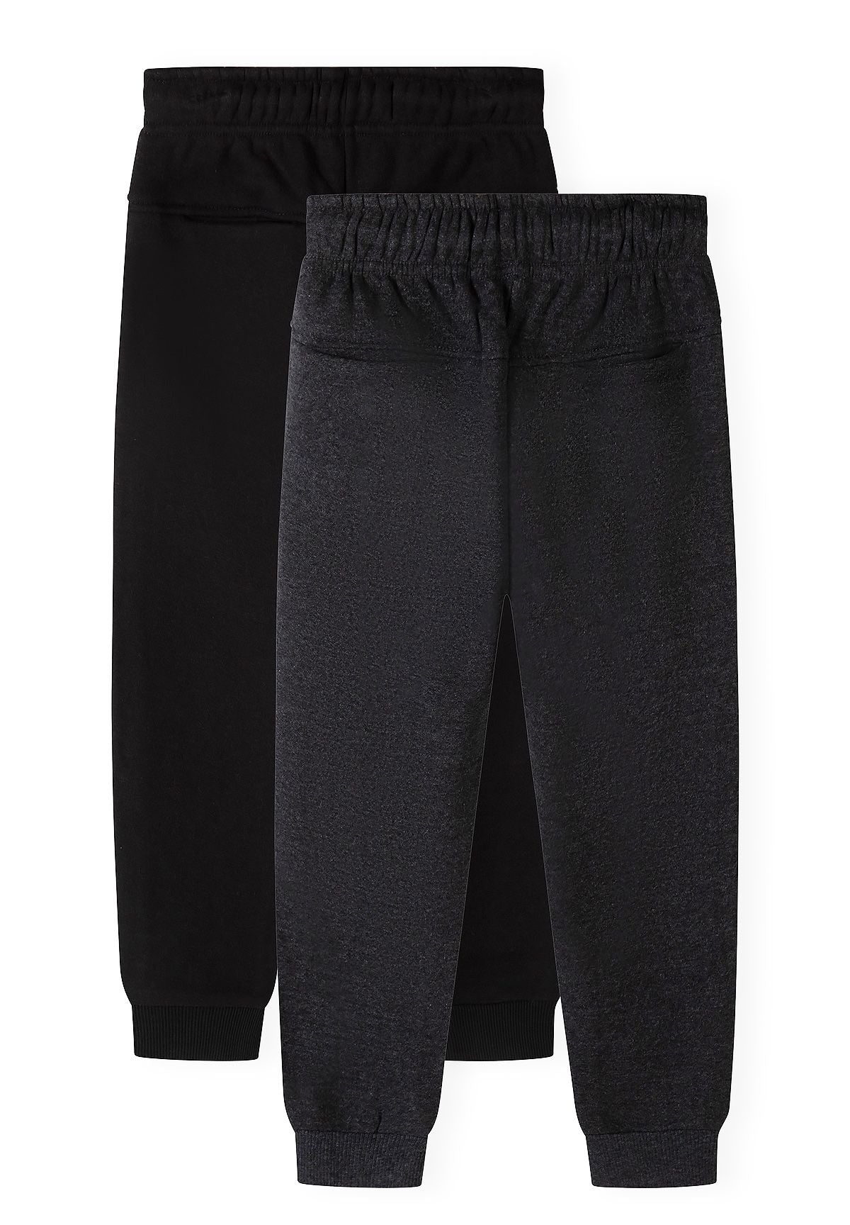 Pantaloni da jogging da bambino neri e antracite con tasche con cerniera (confezione da 2), entrambi i pantaloni, vista posteriore.