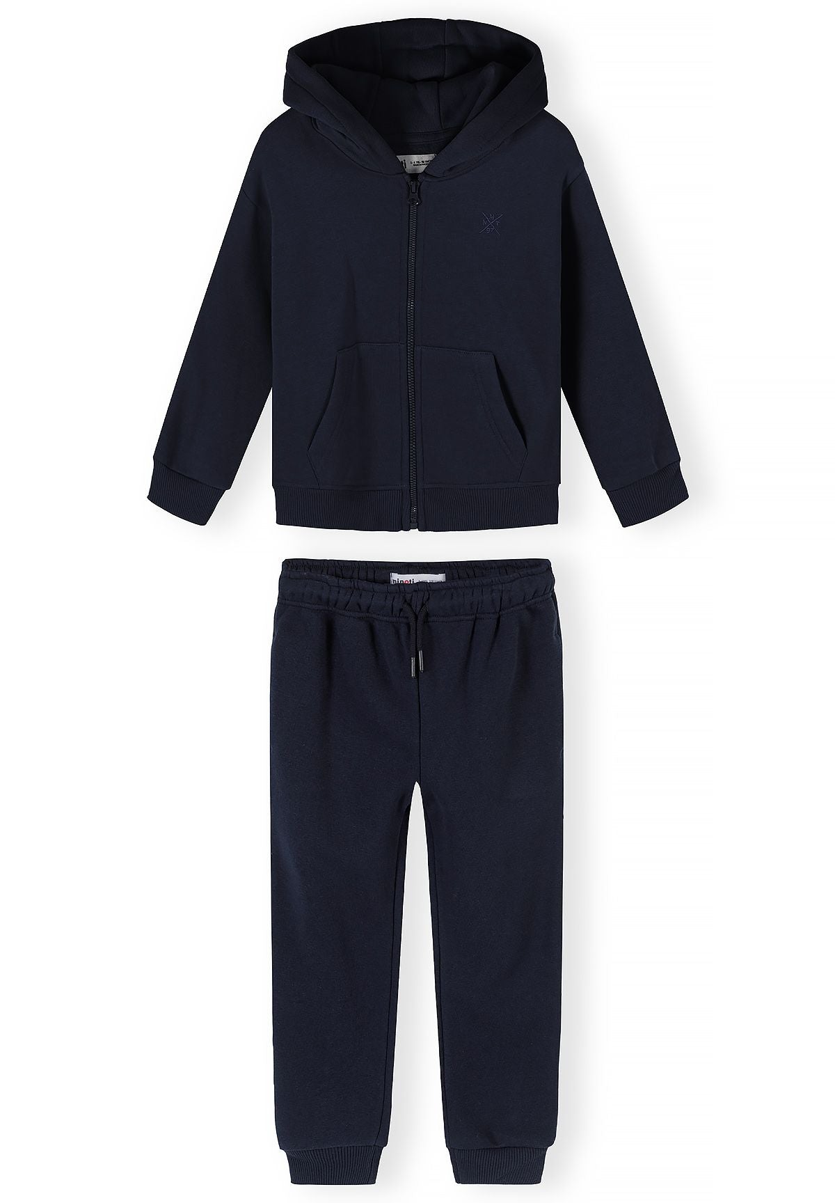 Marineblauw trainingspak voor jongens met een hoodie met rits en een joggingbroek, hoodie en joggingbroek, vooraanzicht.