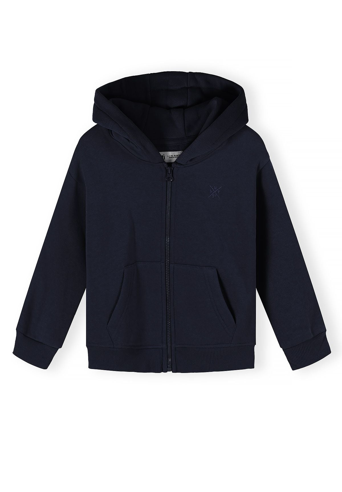 Marineblauwe trainingsset voor jongens met een hoodie met rits en een joggingbroek, hoodie, voorkant.
