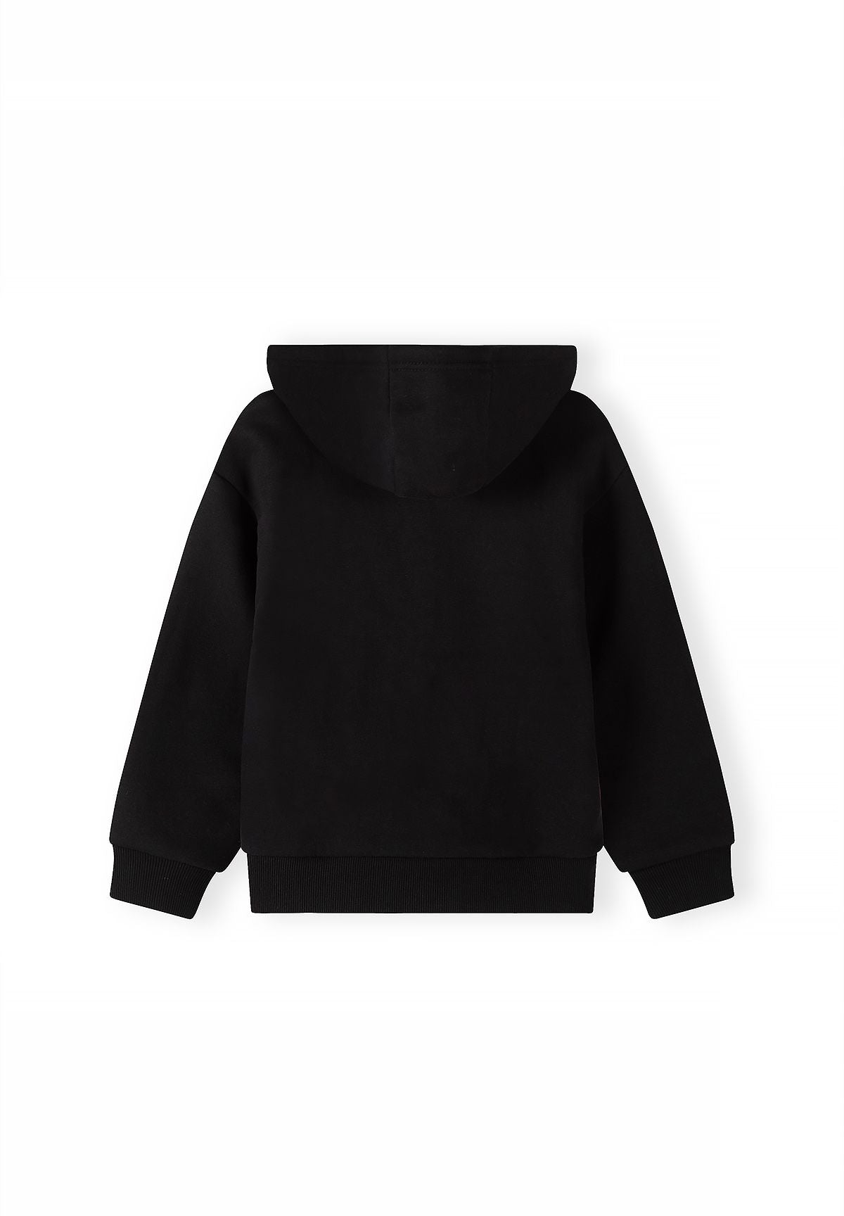 Zwart trainingspak voor jongens met hoodie en slim-fit joggingbroek, hoodie, achterkant.