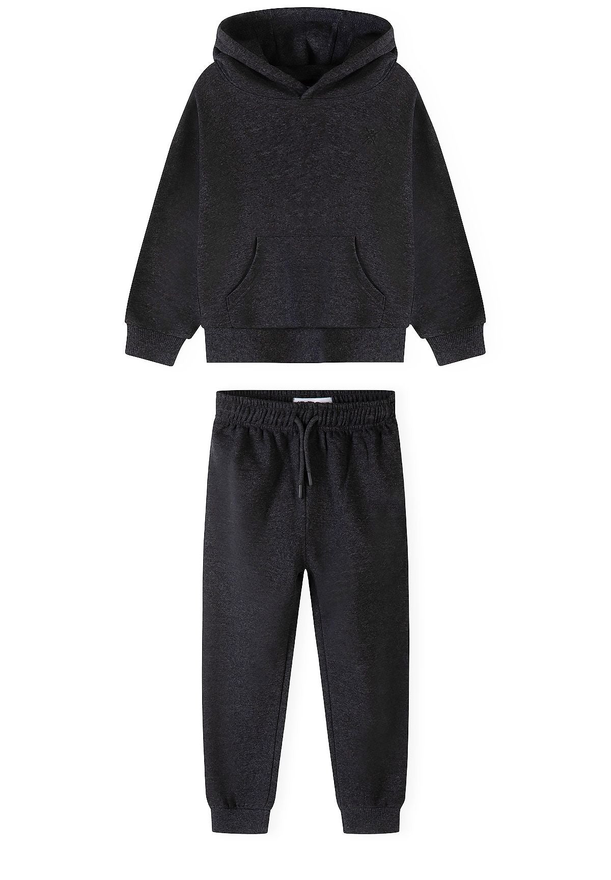 Donkergrijze hoodie en slim-fit joggingbroek voor jongens, trainingspak met een hoodie en een joggingbroek, vooraanzicht.