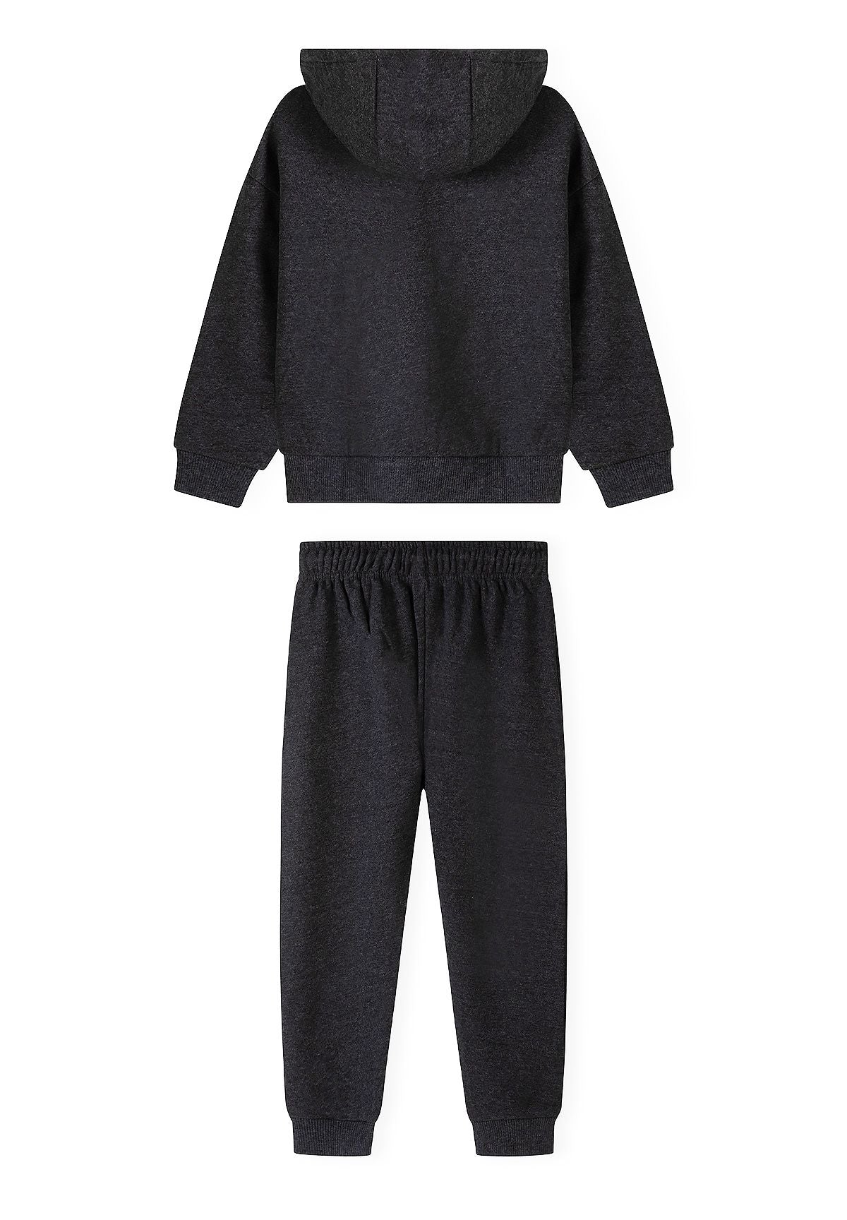 Donkergrijze hoodie en slim-fit joggingbroek voor jongens, trainingspak met een hoodie en een joggingbroek, achterkant.