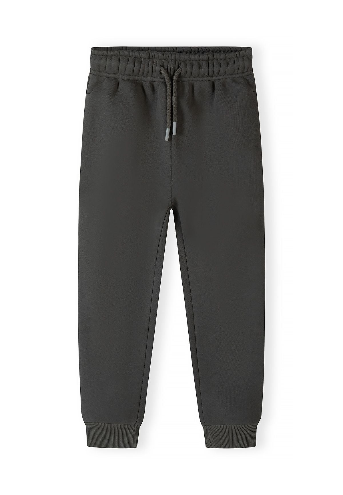 Front of khaki joggers with elastic cord waist, side pockets and ribbed ankles.