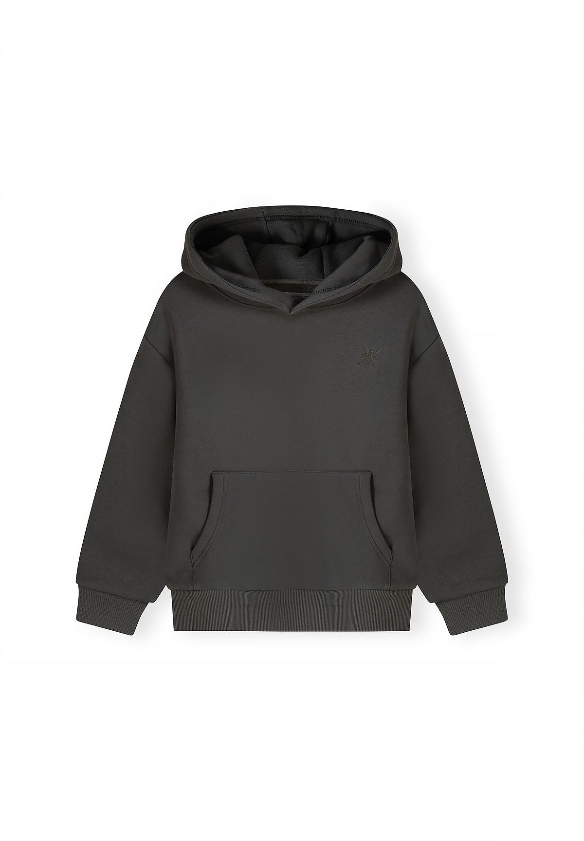 Front of grey-olive hoodie with kangaroo pocket and tonal chest emblem.