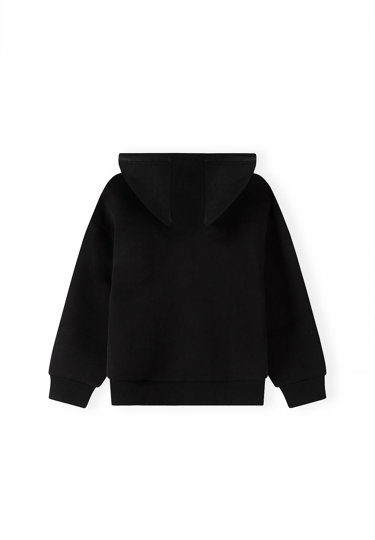 Zwart trainingspak voor jongens met een hoodie met rits en een joggingbroek, hoodie, achterkant.