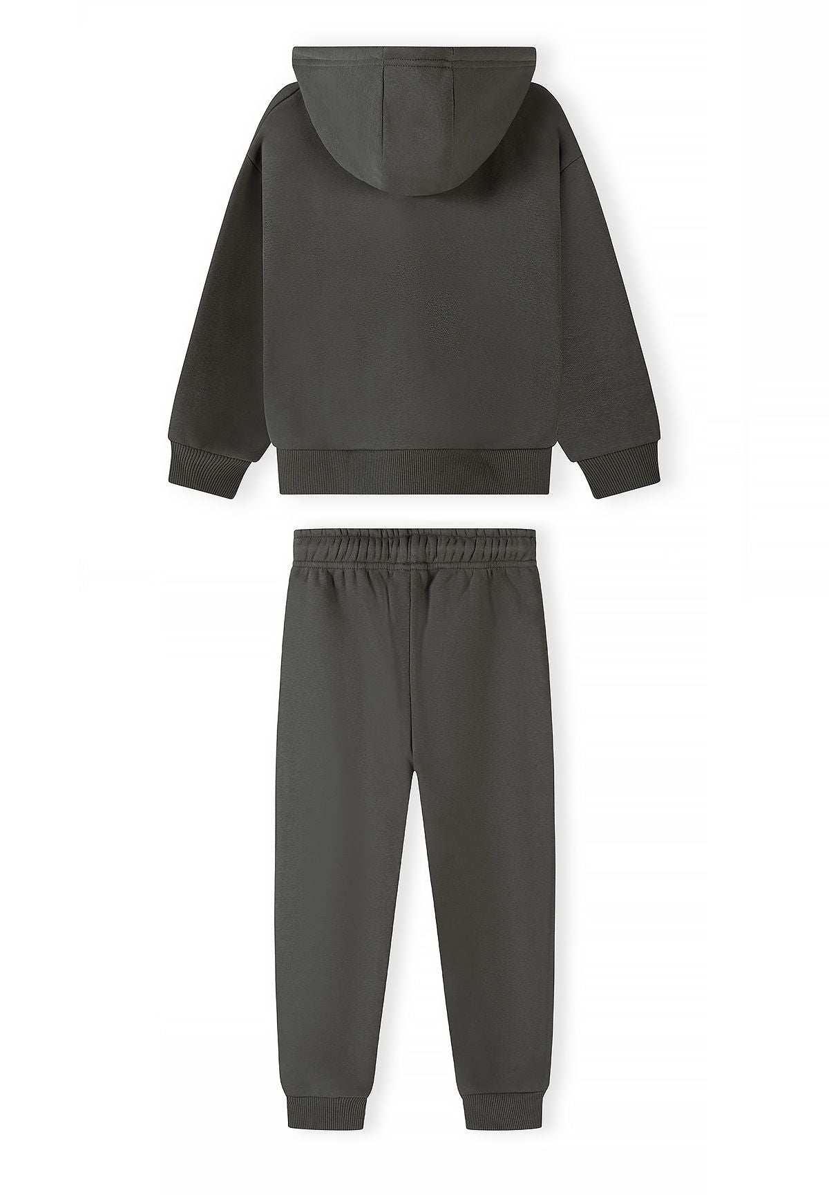 Plain back of an olive-grey hooded zip jacket with matching cuffed joggers.
