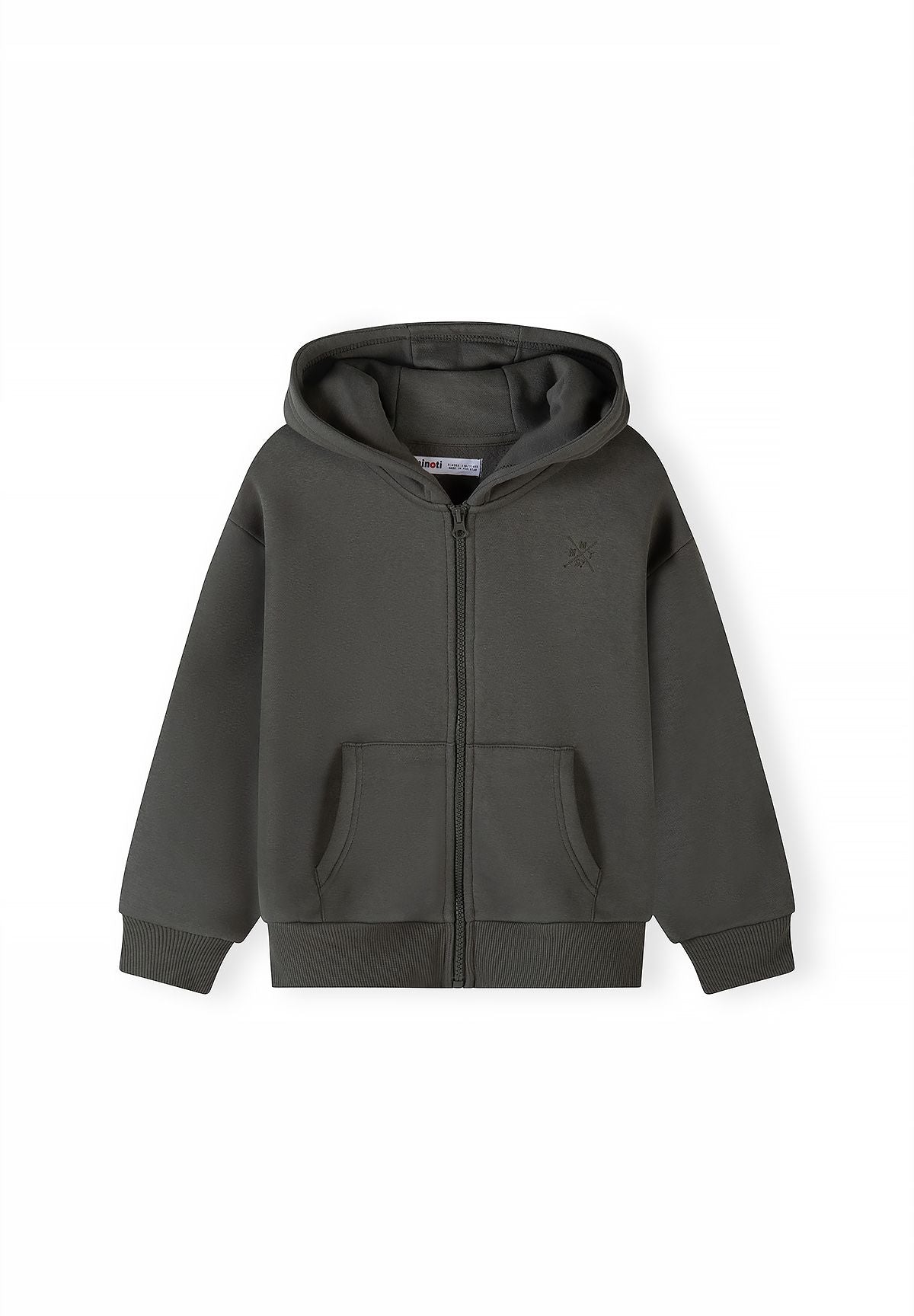 Olive-grey full-zip hoodie with two front pockets and subtle chest embroidery.