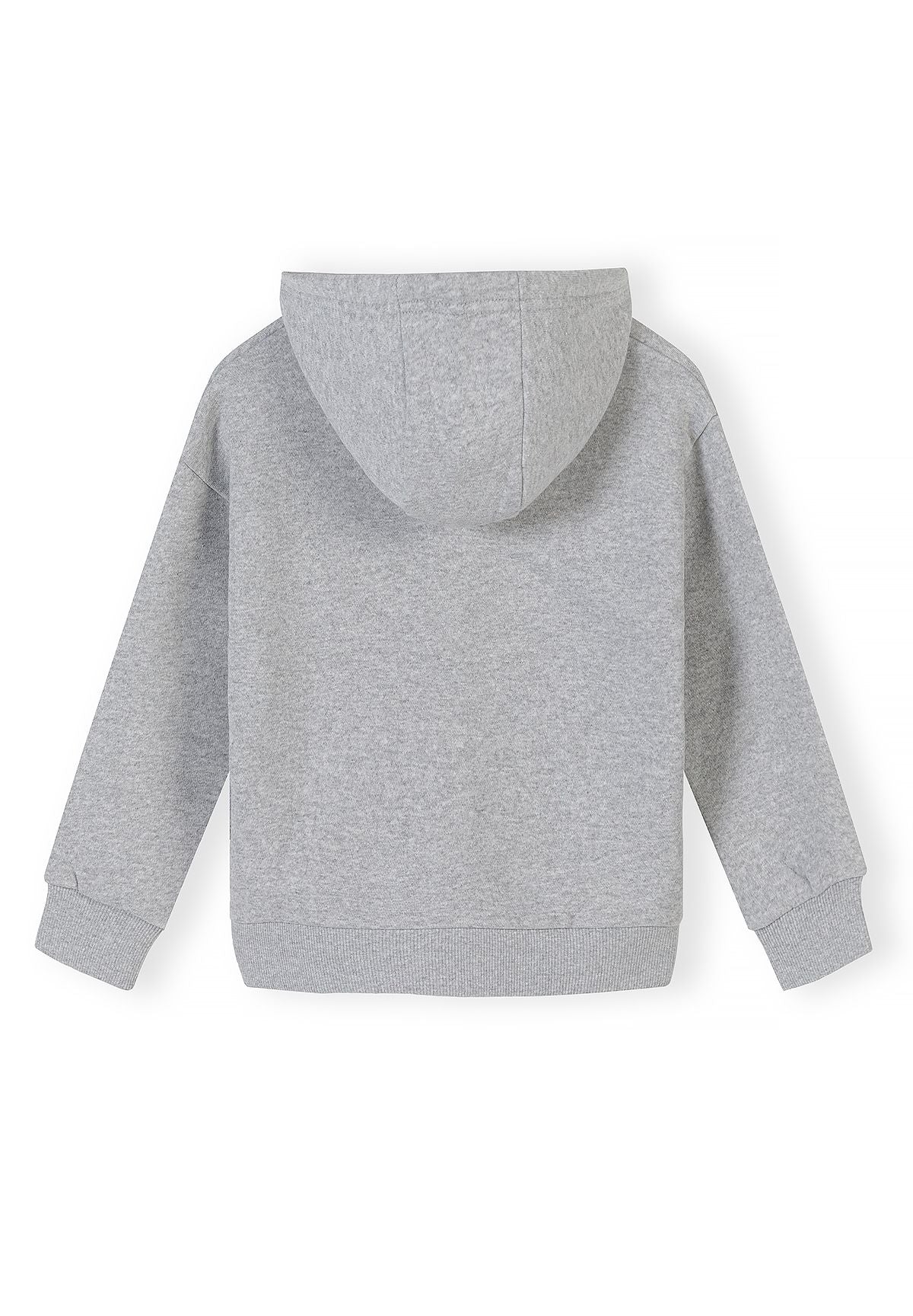 Plain light grey hoodie back with seamed hood and ribbed lower band.