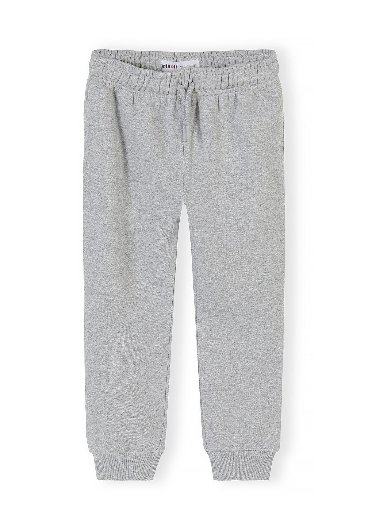 Front of light grey joggers with gathered cord waist and broad ankle cuffs.