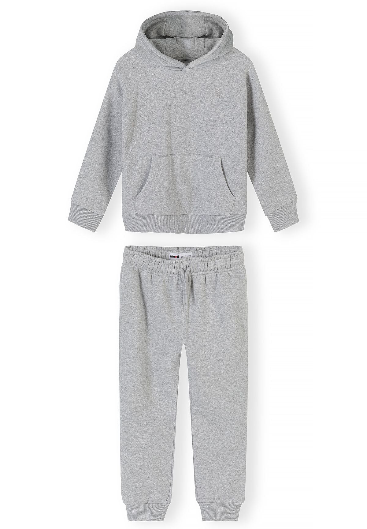 Front flat lay of light heather grey hoodie and matching tapered cuffed joggers.